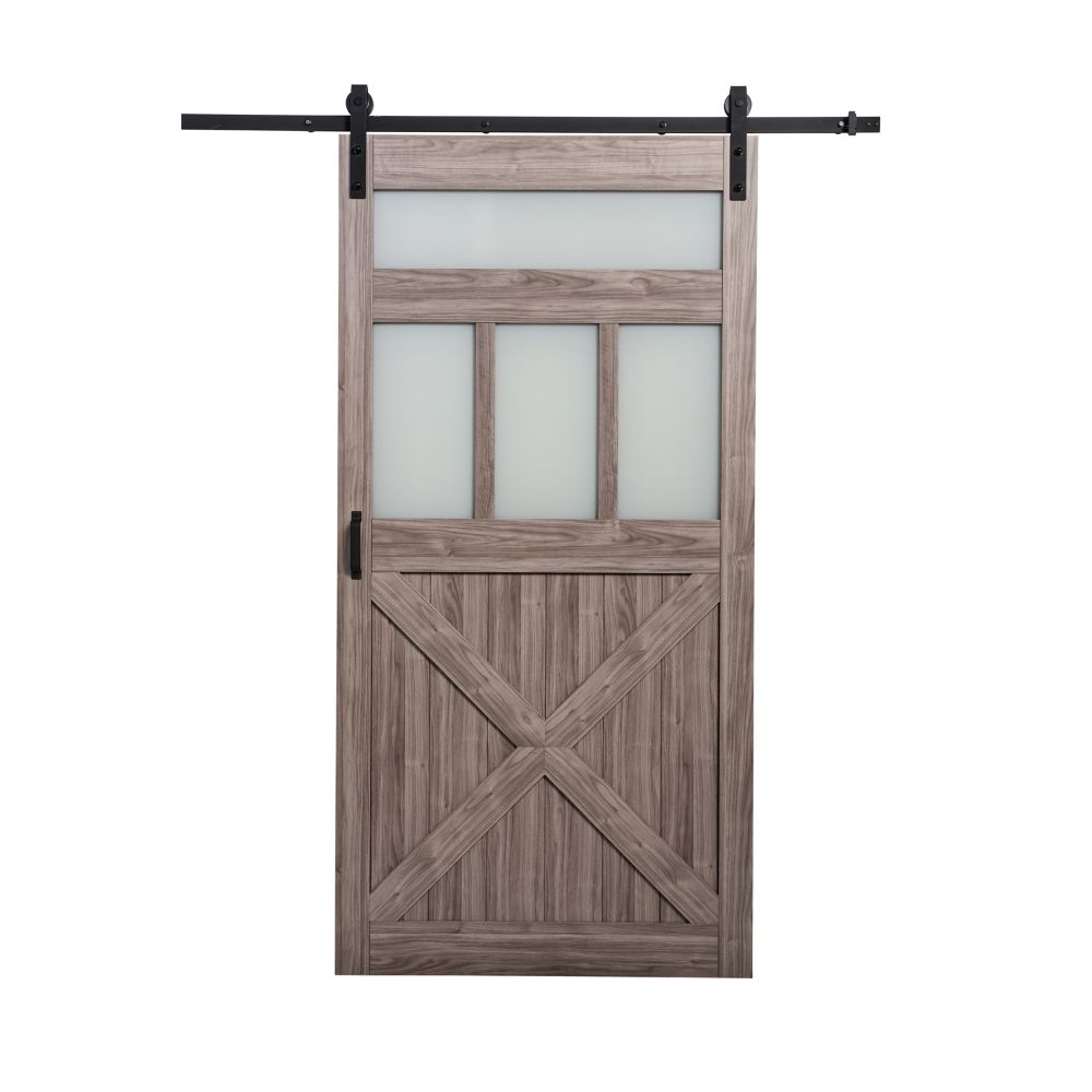 42 inch x 84 inch Silver Oak 3 Lite Frosted Glass Rustic Barn Door w ...