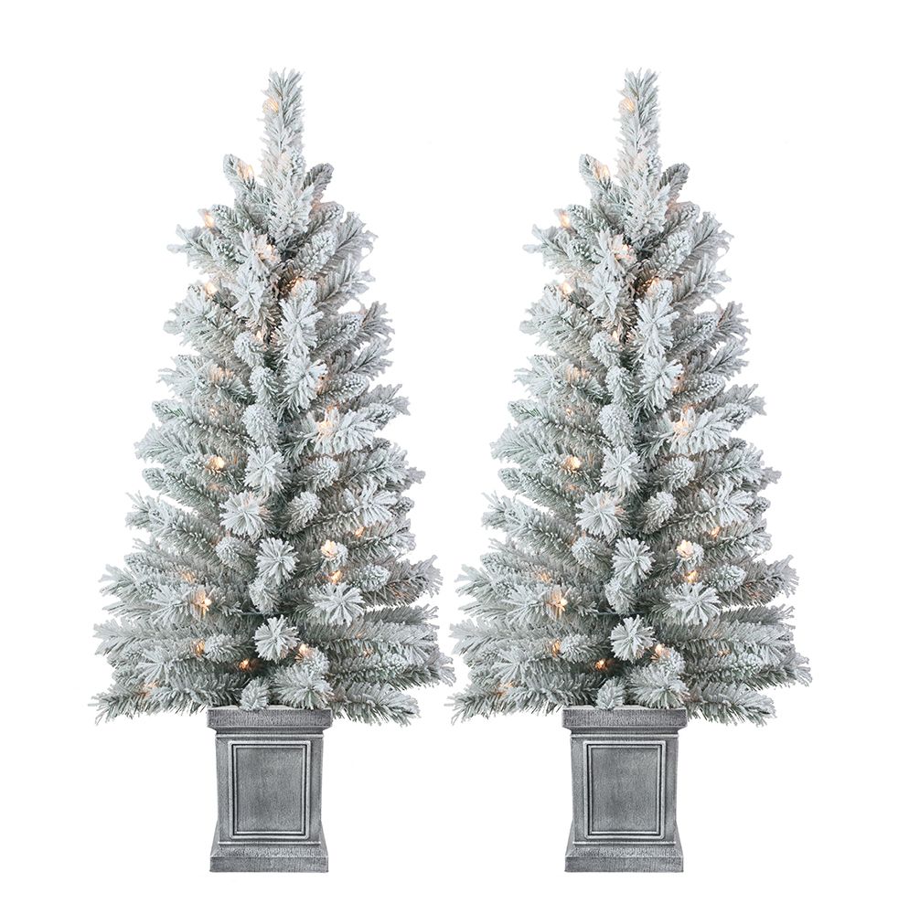 Home Accents 4 Ft. 50-Light Clear Pre-Lit Snowy Flocked Potted ...