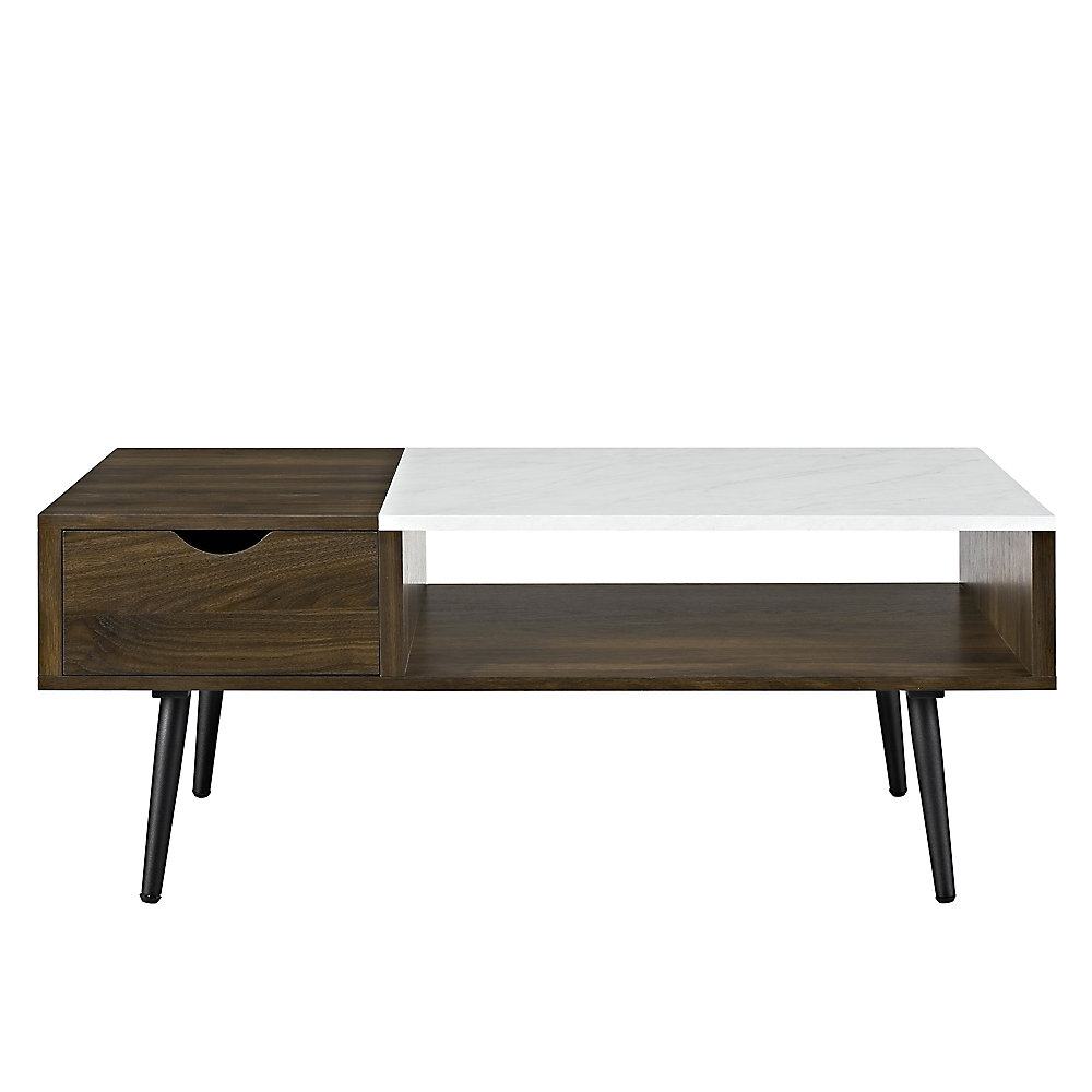 Mid Century Modern Faux Marble Coffee Table Dark Walnut