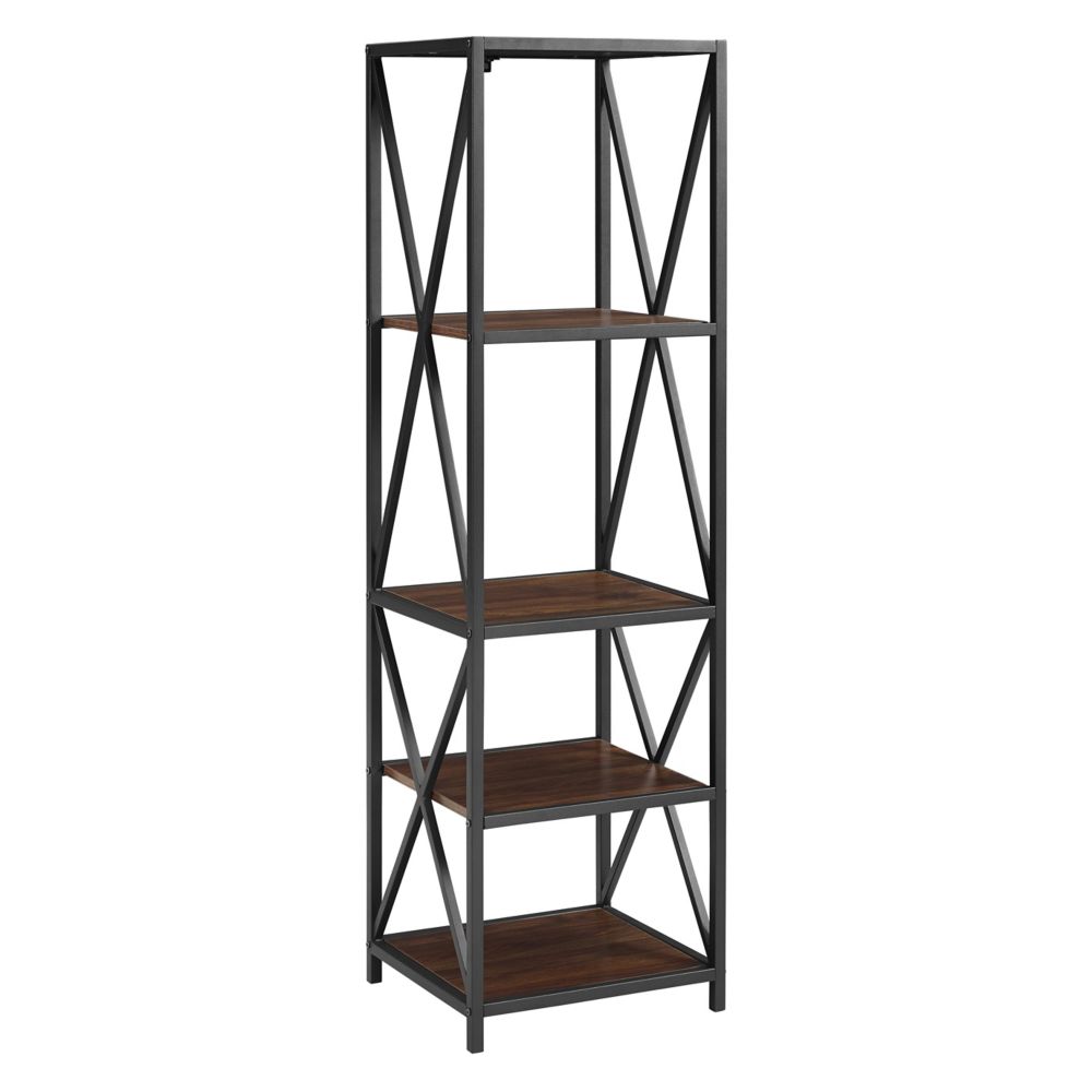 Welwick Designs 4 Shelf Metal Wood Tall Bookcase Dark Walnut