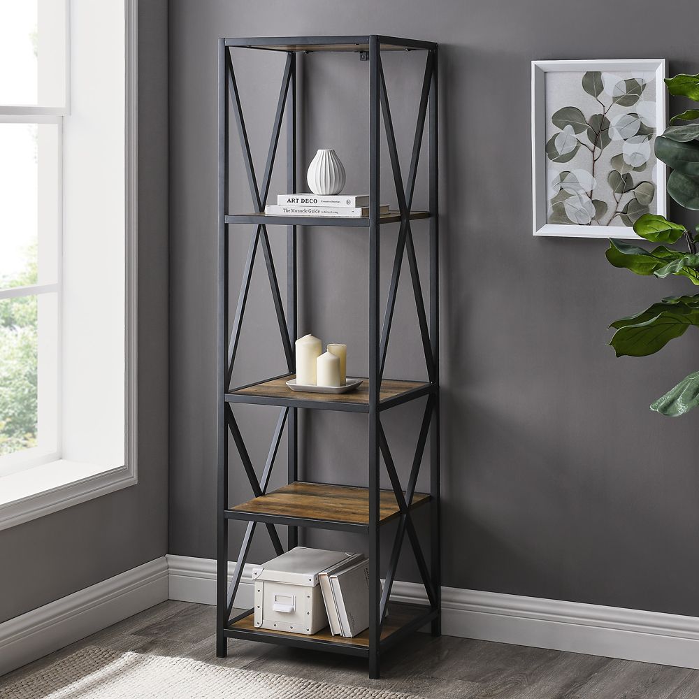 Welwick Designs 4 Shelf Metal Wood Tall Bookcase Reclaimed Barnwood