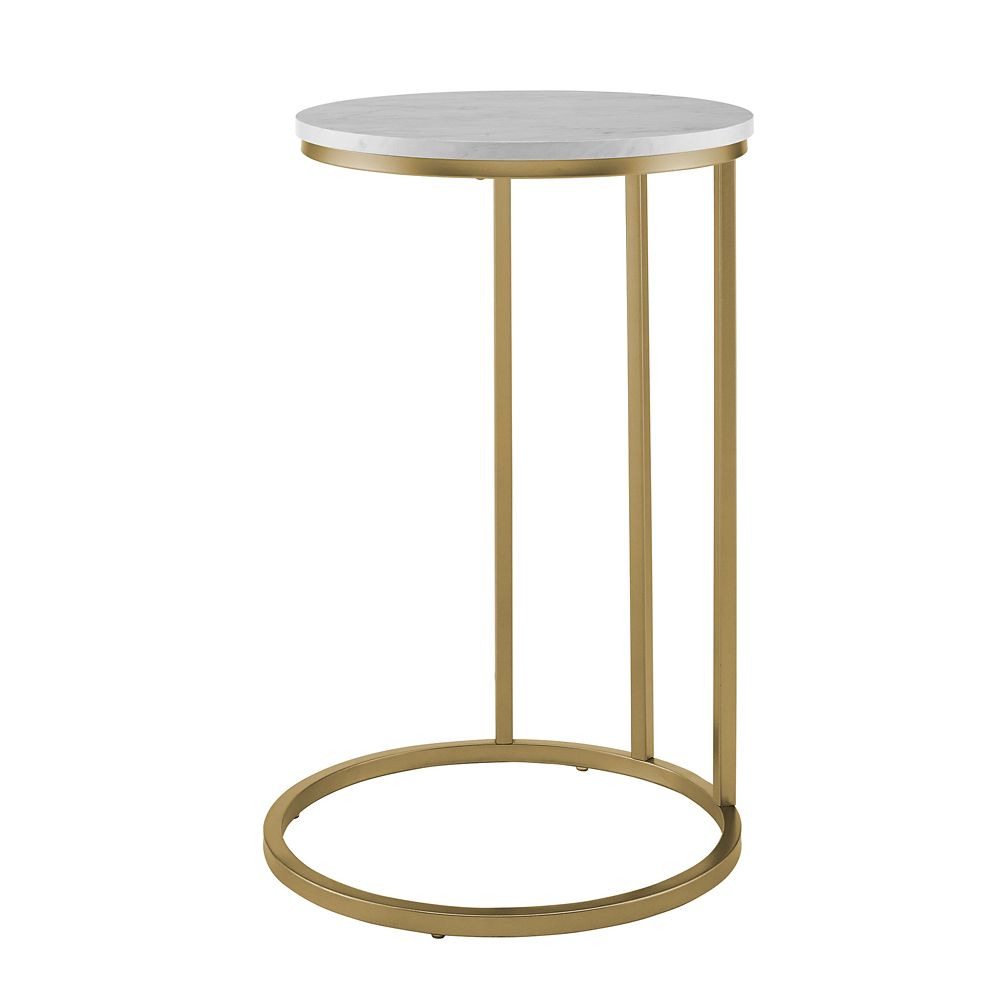 Welwick Designs Modern Round End Table White Marble Top, Gold Base