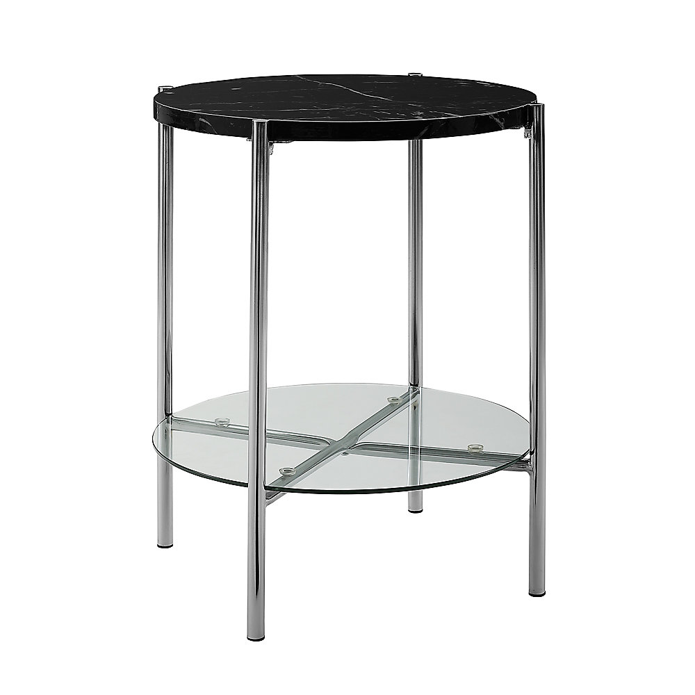 Modern Round Side Table Black Marble Top Glass Shelf Chrome Legs