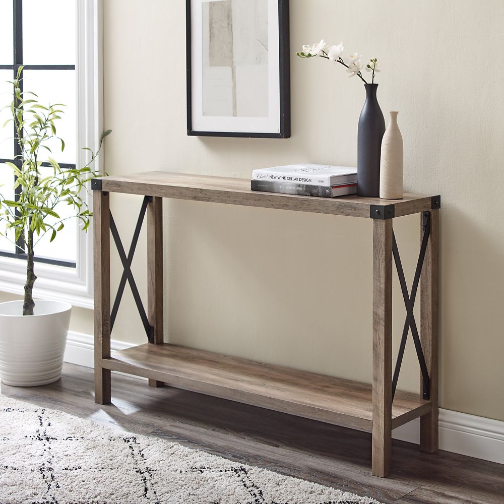 Welwick Designs 46 inch Rustic Farmhouse Entryway Table Grey Wash The Home Depot Canada