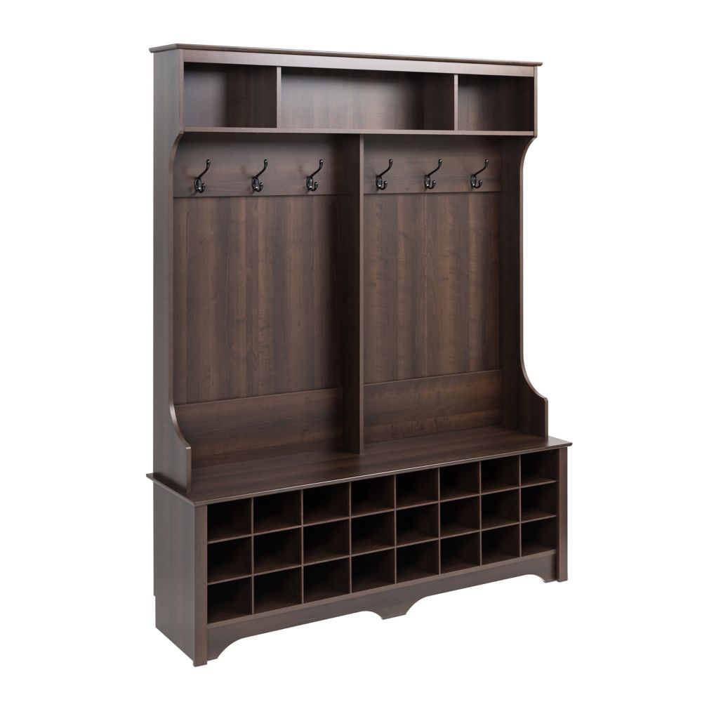 Prepac 60 in Wide Hall Tree with 24 Shoe Cubbies, Espresso The Home