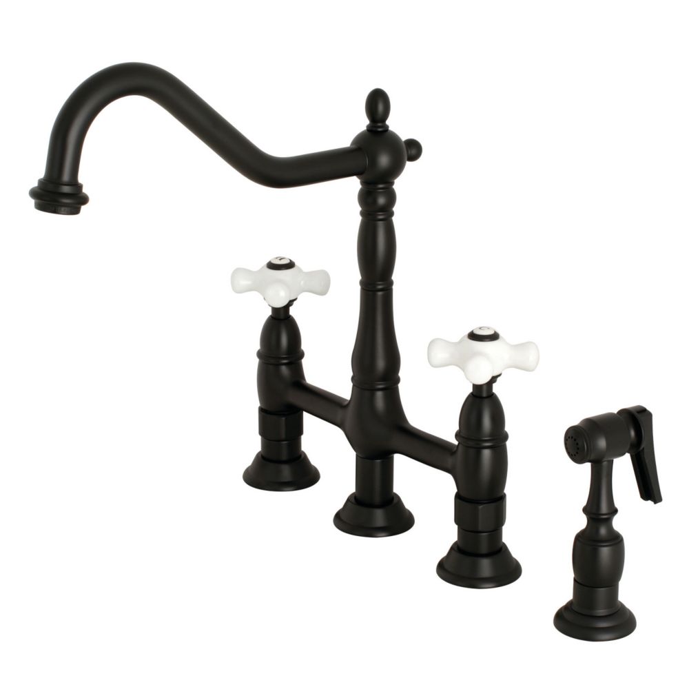 Kingston Brass Victorian Porcelain Cross 2-handle Bridge Kitchen Faucet 