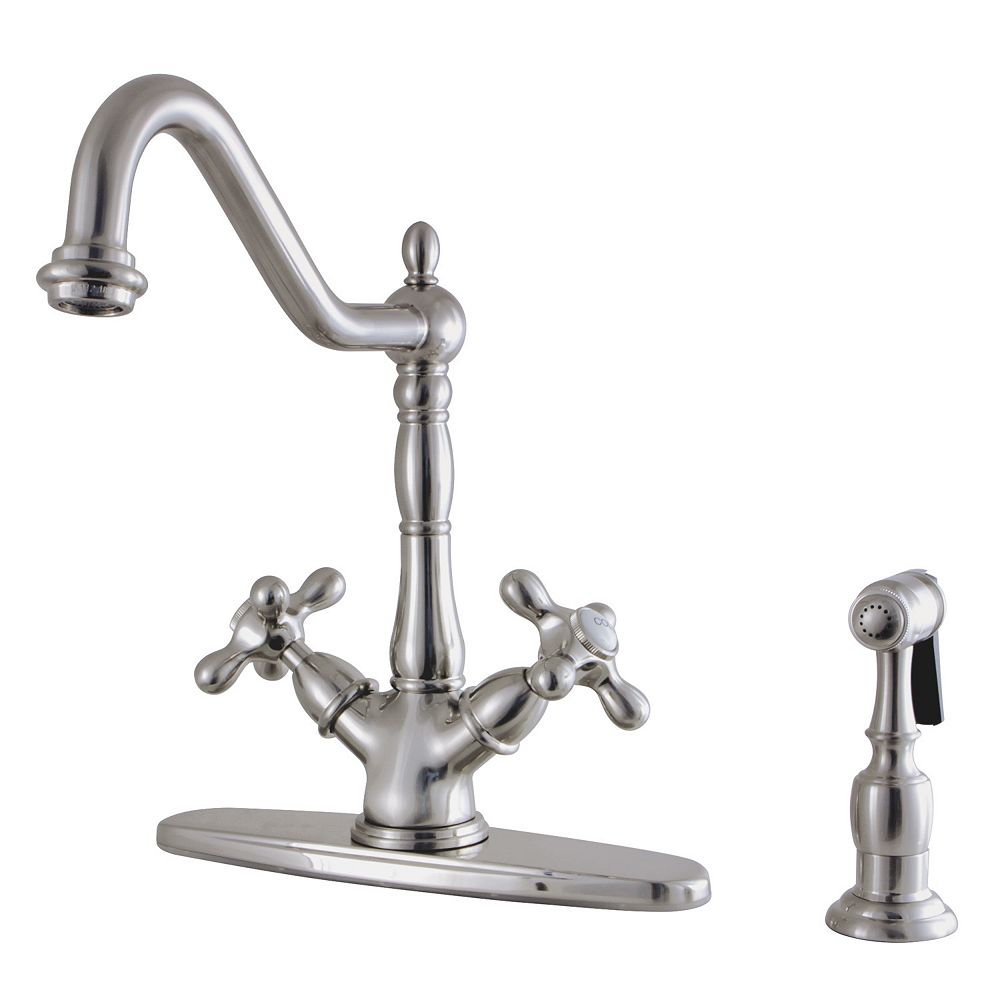 Kingston Brass Victorian 2-Handle Standard Kitchen Faucet with Side Sprayer in Satin Nicke ...