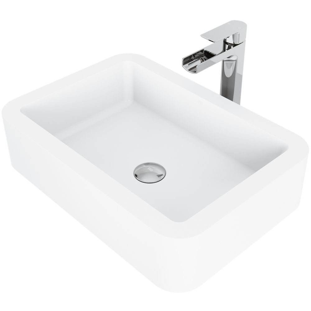 Vigo Petunia White Matte Stone Vessel Bathroom Sink Set With Amada