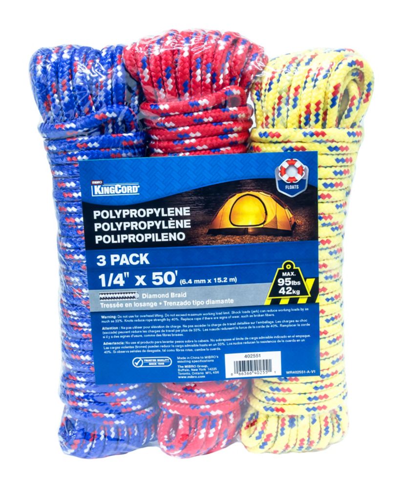 KingCord 1/4 in. x 50 ft. Polypropylene Diamond Braid Rope, Assorted Colours (3Pack) The Home