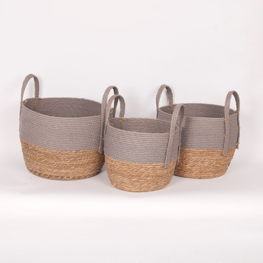 Wicker Bay Set of 3 Grey/Natural Straw Baskets The Home Depot Canada