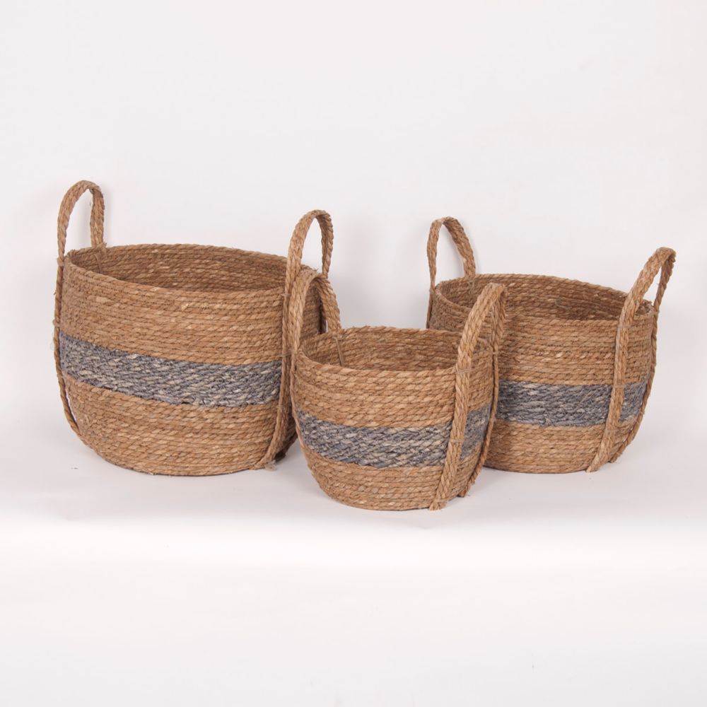 Wicker Bay Set of 3 Blue/Natural Straw Baskets The Home Depot Canada