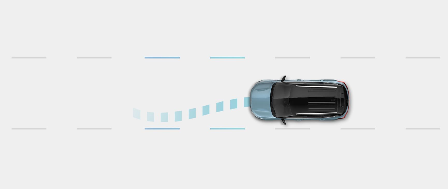 A blue Kia vehicle slightly swerving out of lane with highlighted lane markings, demonstrating the lane keeping assist feature that provides steering inputs to keep the car centered. 