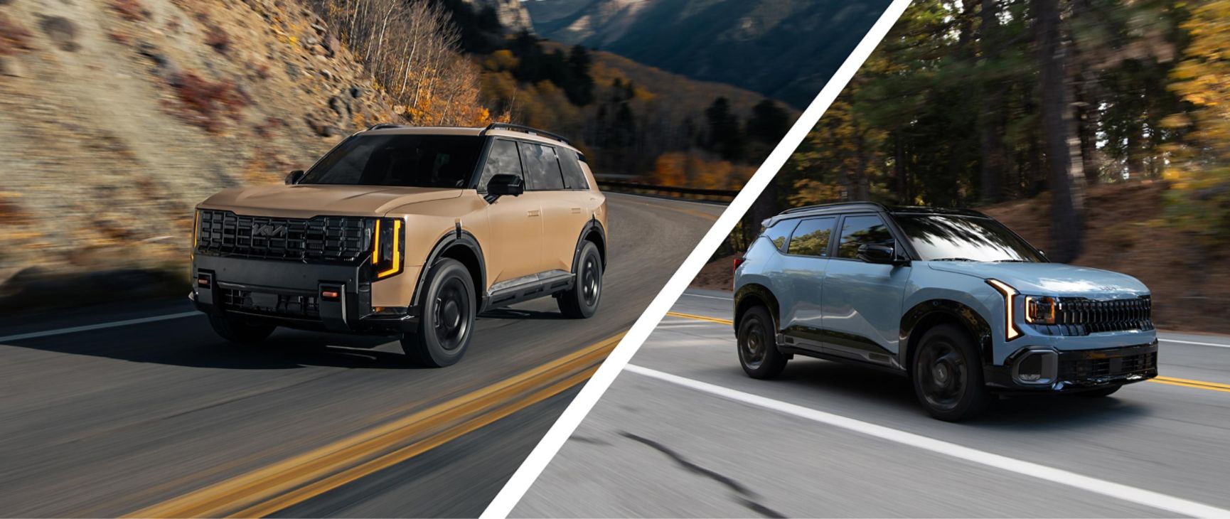 A diptych of two photographs of Kia SUVs, both from a front driver-side angle. The left photo is a tan Kia Telluride with an impressive front grille, driving around a curve in a valley road. The right photo is a white Kia Seltos, driving smoothly over a highway.