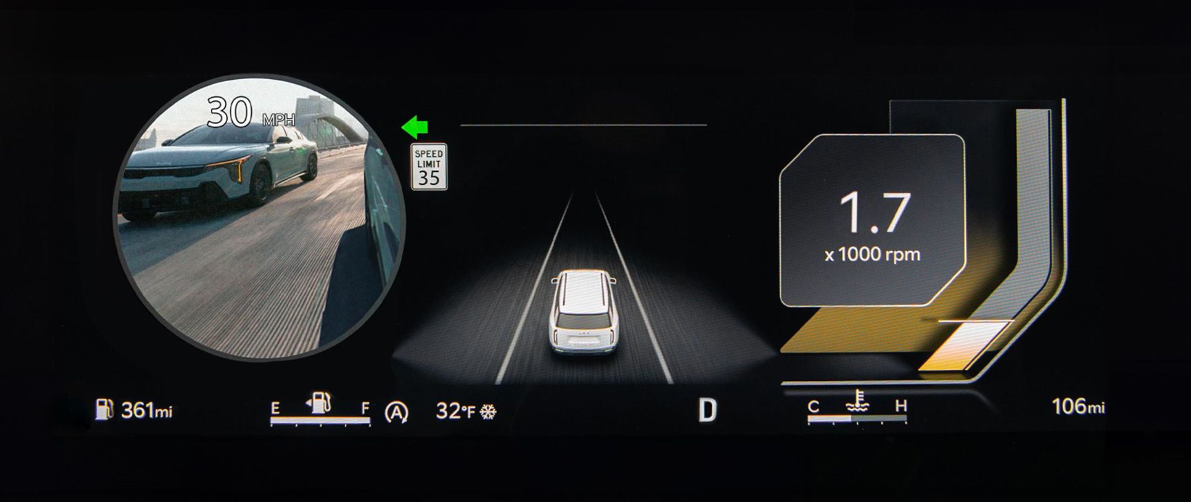 A graphic displaying what the driver of a Kia vehicle would see on their dashboard display screen, including speedometer in mph, fuel meter, a visualization of the vehicle on the road, various relevant pieces of information about driving conditions, turn signal indicator, and a large circular graphic showing the vehicle's blind spot and surroundings.