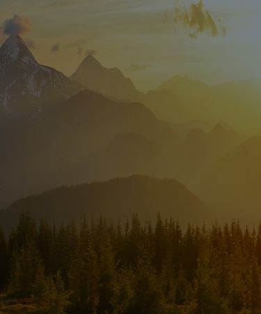 Nature background with the sun setting behind the mountains and a forest of trees at the bottom