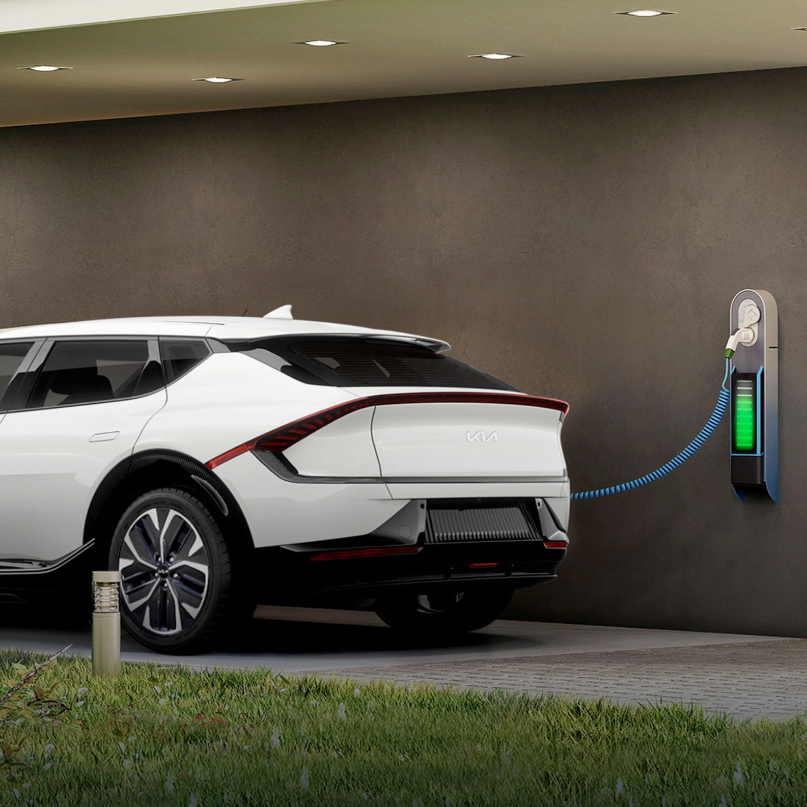 2024 Kia EV6 Utilizing A ChargePoint Level 2 Home Charger On A Driveway