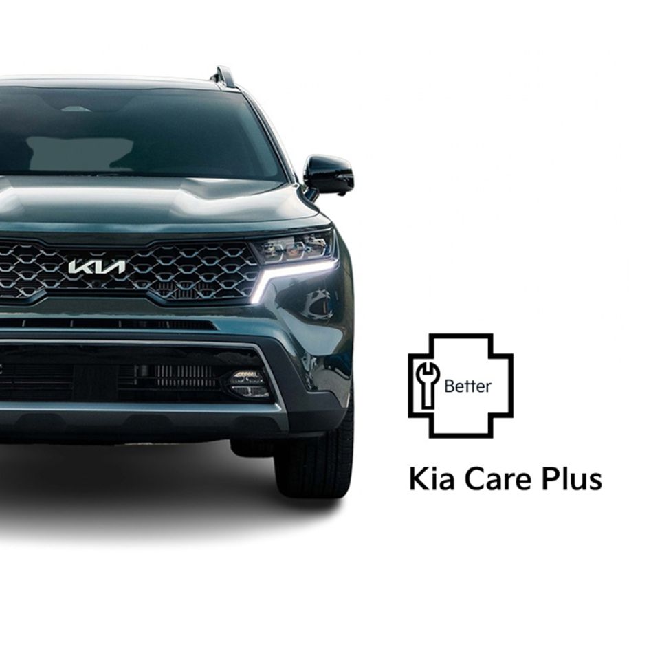 The front of a Kia vehicle highlighting its grille and headlights, next to a care icon with a wrench representing the Kia Care Plus-level service plan.