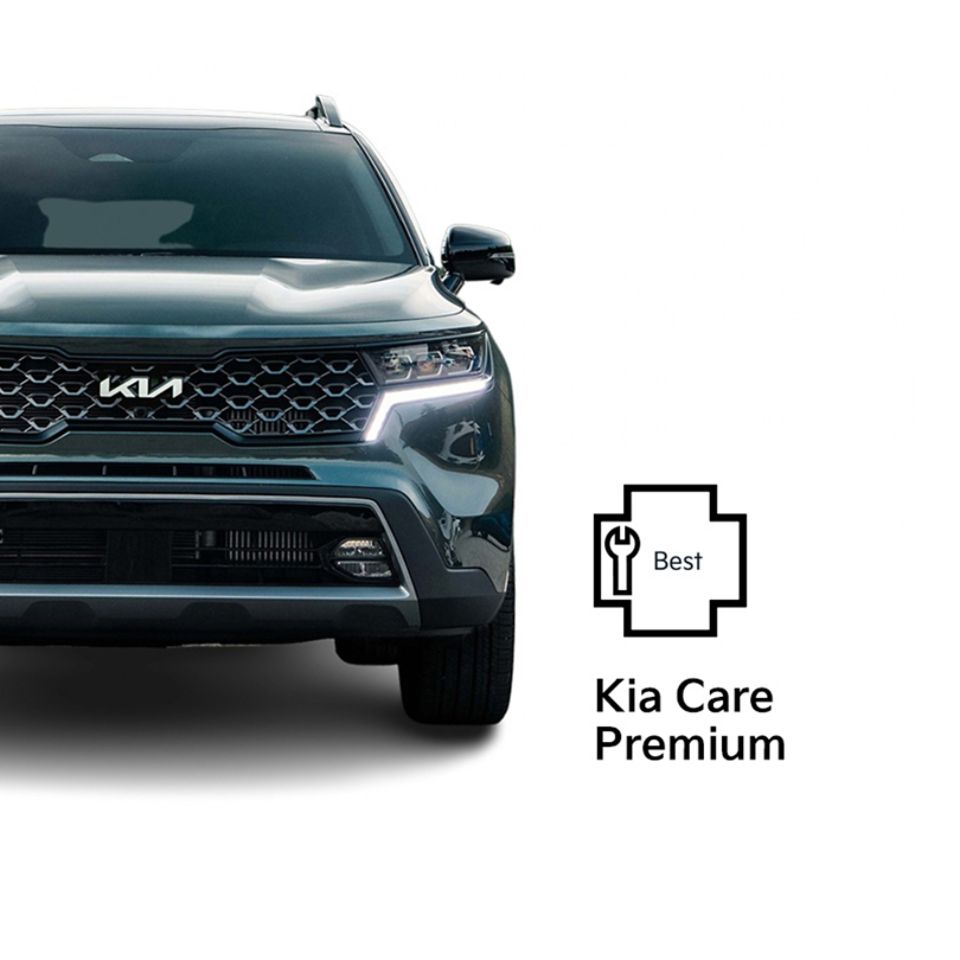 The front of a Kia vehicle highlighting its grille and headlights, next to a care icon with a wrench representing the Kia Care Essential Premium-level service plan.