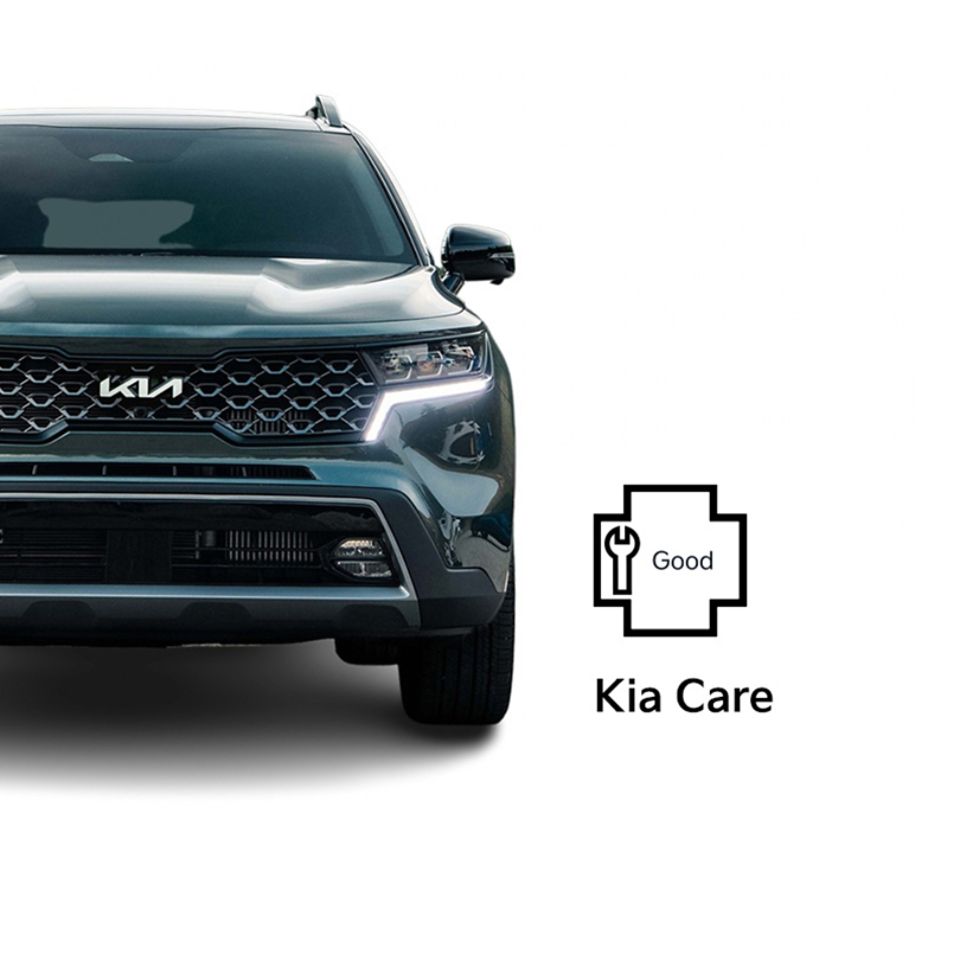 The front of a Kia vehicle highlighting its grille and headlights, next to a care icon with a wrench representing the Kia Care Good-level service plan.