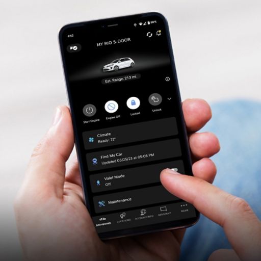 Smartphone displaying remote lock/unlock connectivity features for 2023 Rio 5-Door