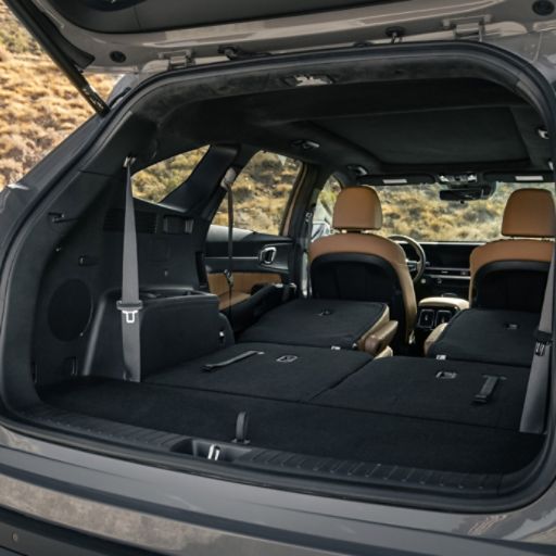 2024 Kia Sorento interior view of the cargo space with the second and third row seats folded down and the trunk open revealing an open desert