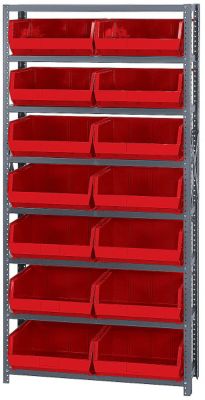 Quantum 36 Wide Shelving With Extra Large Bins   36X12x75   (14) 16 1/2 X14 3/4 X7 Bins   Red   Gray