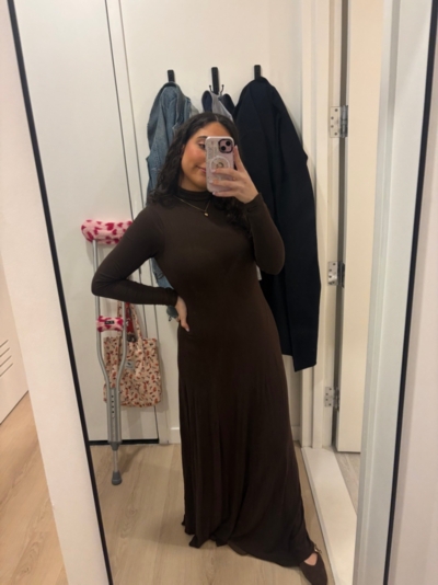 chinese dress ladies Afrm Nettie Long Sleeve Backless Maxi Dress in Caramel Animal at Nordstrom, Size Large main image 0