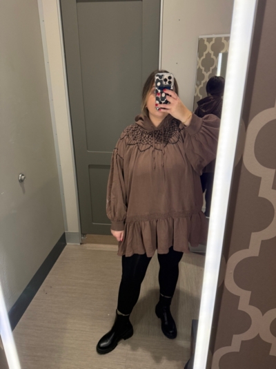 marty smocked mini dress Free People Marty Smocked Sweatshirt Hooded Tunic Mini Dress Brown S NEW