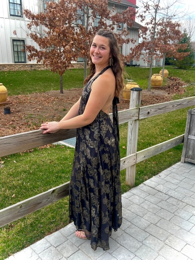boho midi dress with sleeves Women Cotton Midi Dress, Hand Block Printed Floral Dress, Boho Chic Flowy Gown, Long Sleeves With Pockets, Flowy Sustainable Gift For Her