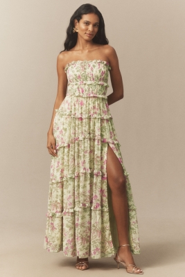 Floral Chiffon Strapless Ruched Tiered A-Line Midi | Nuuly