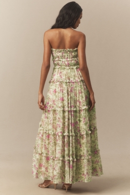 Floral Chiffon Strapless Ruched Tiered A-Line Midi Dress