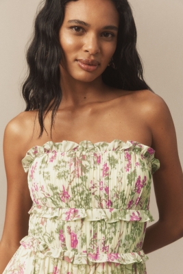 Floral Chiffon Strapless Ruched Tiered A-Line Midi Dress