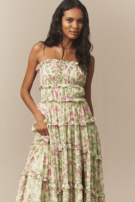 Floral Chiffon Strapless Ruched Tiered A-Line Midi Dress