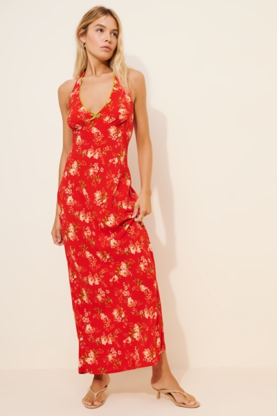 strapless open back dress Lydia Maxi Dress in Red Floral – Lace & Beads