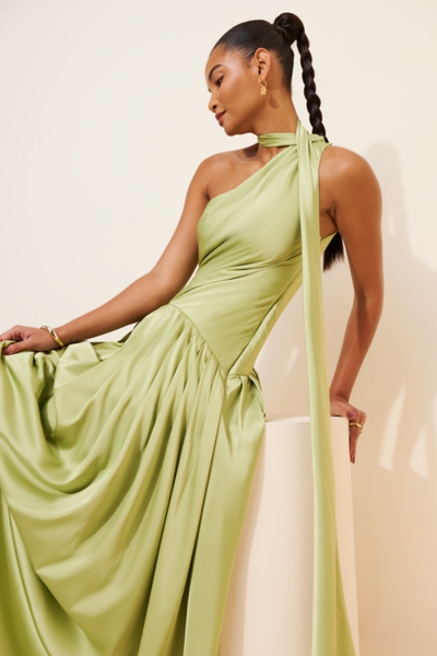 knee length dresses for ladies Caira Chiffon Scarf Maxi Dress / Sage | Meshki