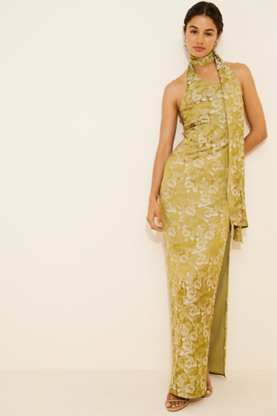 gold dress with neck scarf Zapaka Women Strapless Prom Dress with Neck Scarf Sparkly Yellow Sheath Corset Long Party Dress, Yellow / L main image 0