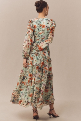 Floral Chiffon Plunge Long-Sleeve Ruffle Maxi Dress