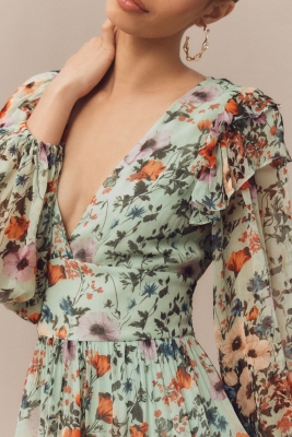 Floral Chiffon Plunge Long-Sleeve Ruffle Maxi Dress