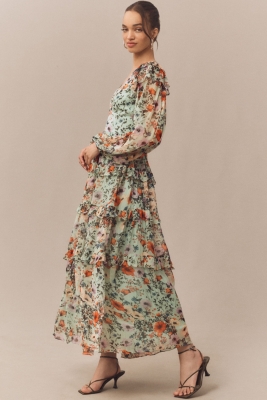 Floral Chiffon Plunge Long-Sleeve Ruffle Maxi Dress