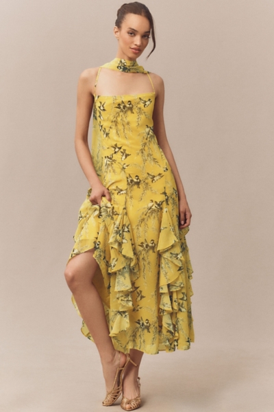 Chiffon Cowl-Neck Cross-Back Ruffle Midi Dress | Nuuly