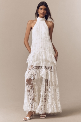 Lace Halter Ruffle Peekaboo Maxi Dress
