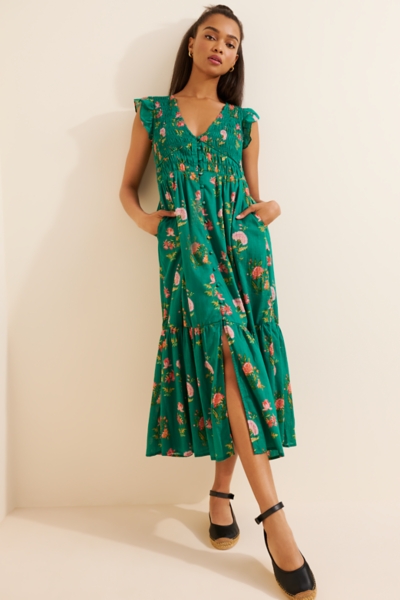 knee length dresses for ladies Ranchero Floral Sunfire Smocked Bodice Tiered Midi Dress Blue-Orange / M by Sugarlips
