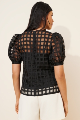Plaid Sheer Puff Sleeve Top | Nuuly