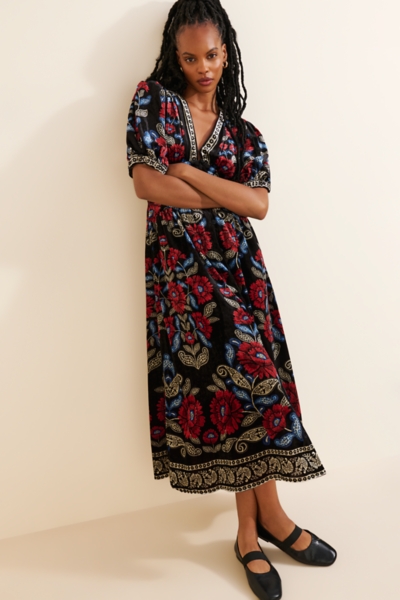 Velvet A-Line Floral Midi Dress
