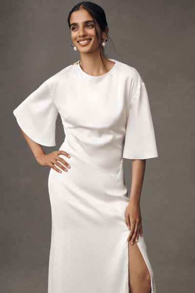 Short-Sleeve Crew-Neck Side-Slit Satin Midi Dress | Nuuly