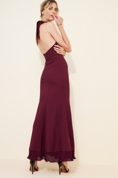 red halter evening dress halter long satin ball gowns prom dresses open back main image 0