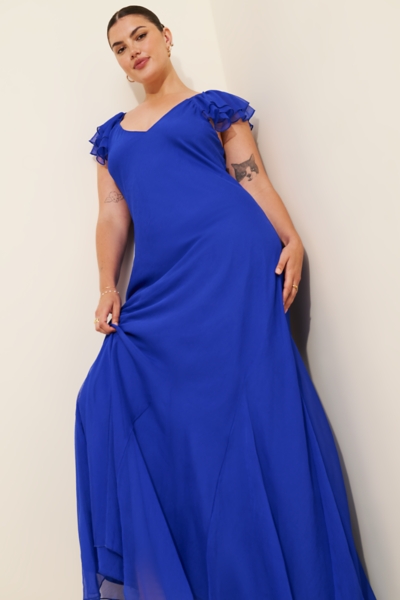 ollari sheer chiffon ruffle maxi slip dress Shop Electric Blue Wrap Lace Color:Periwinkle Blue Bodycon silhouette campaign:fall-mood