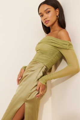 Off-Shoulder Long-Sleeve Mesh Midi Dress