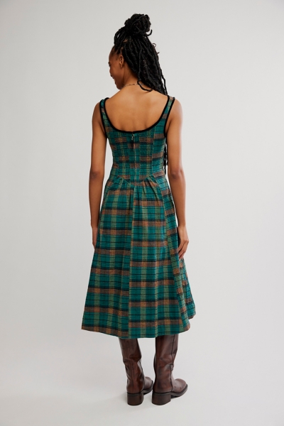 green plaid midi dress Green Tartan Plaid Square Neck Puff Sleeve Knot Waist Flared Midi Dres –  Errabelly