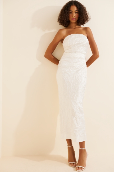 knee length dresses for ladies Ivory Corset Midi Dress with Pearl Fringe - Strapless Satin Pencil Gown for  Bridal Rehearsal, Cocktail Party & Formal Events